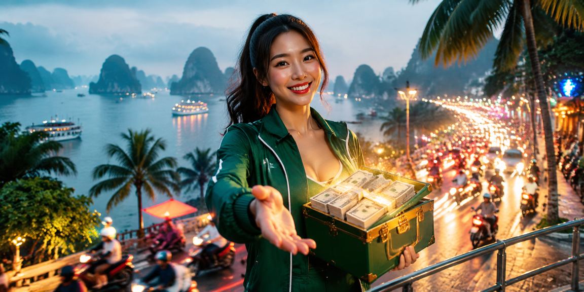 Khung cảnh vịnh Hạ Long về đêm với ánh đèn neon, gợi lên không khí giải trí và cá cược trực tuyến